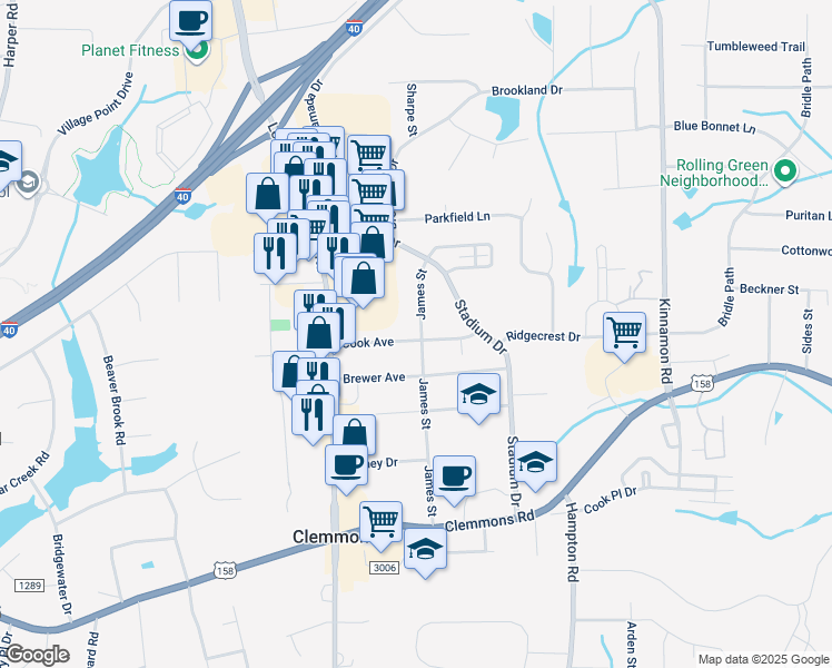 map of restaurants, bars, coffee shops, grocery stores, and more near 6301 Cook Avenue in Clemmons