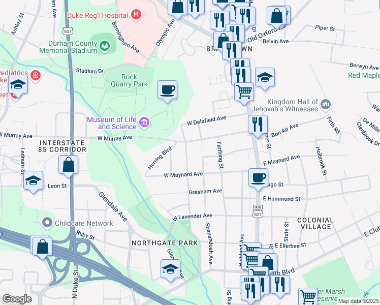 map of restaurants, bars, coffee shops, grocery stores, and more near 2908 Elgin Street in Durham