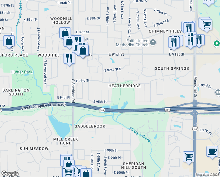 map of restaurants, bars, coffee shops, grocery stores, and more near 9401 South 70th East Avenue in Tulsa