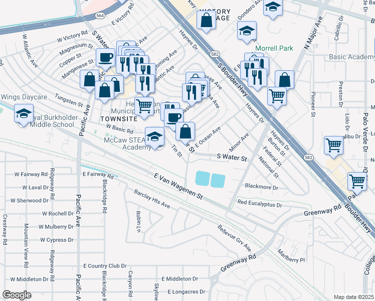 map of restaurants, bars, coffee shops, grocery stores, and more near 342 South Water Street in Henderson