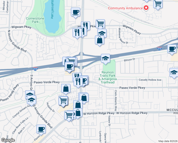 map of restaurants, bars, coffee shops, grocery stores, and more near 1342 Crystal Hill Lane in Henderson