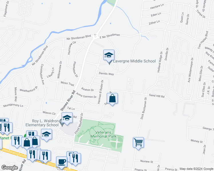 map of restaurants, bars, coffee shops, grocery stores, and more near 628 Ronnie Erwin Lane in La Vergne