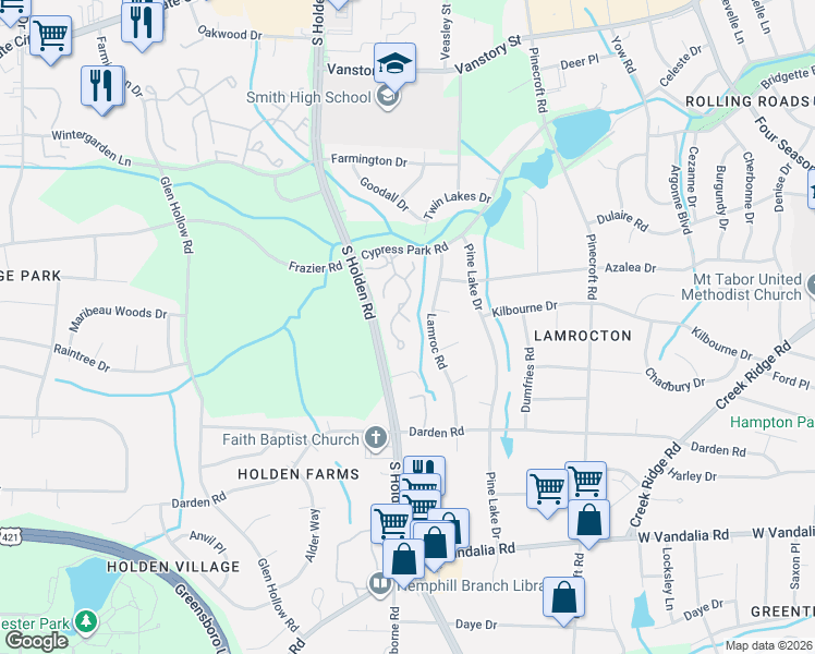 map of restaurants, bars, coffee shops, grocery stores, and more near 3241 Cypress Park Road in Greensboro