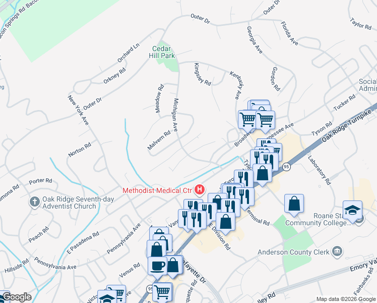 map of restaurants, bars, coffee shops, grocery stores, and more near 101 East Magnolia Lane in Oak Ridge