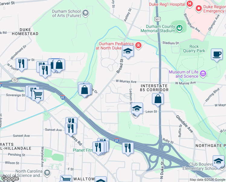 map of restaurants, bars, coffee shops, grocery stores, and more near 2112 Broad Street in Durham