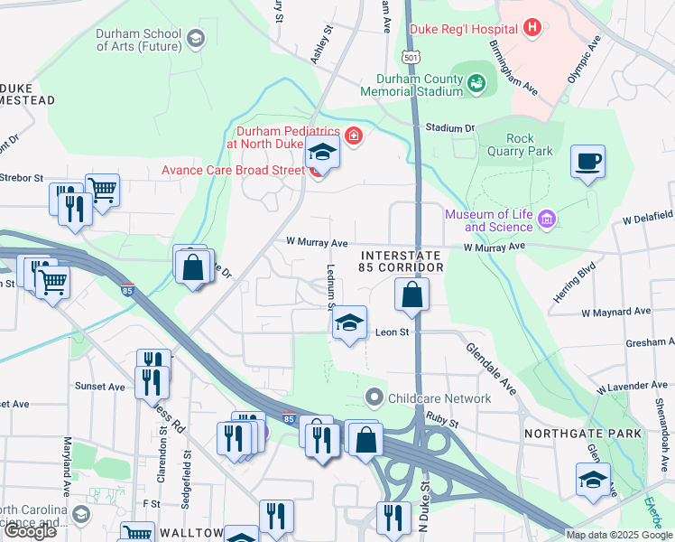 map of restaurants, bars, coffee shops, grocery stores, and more near 2318 Lednum Street in Durham