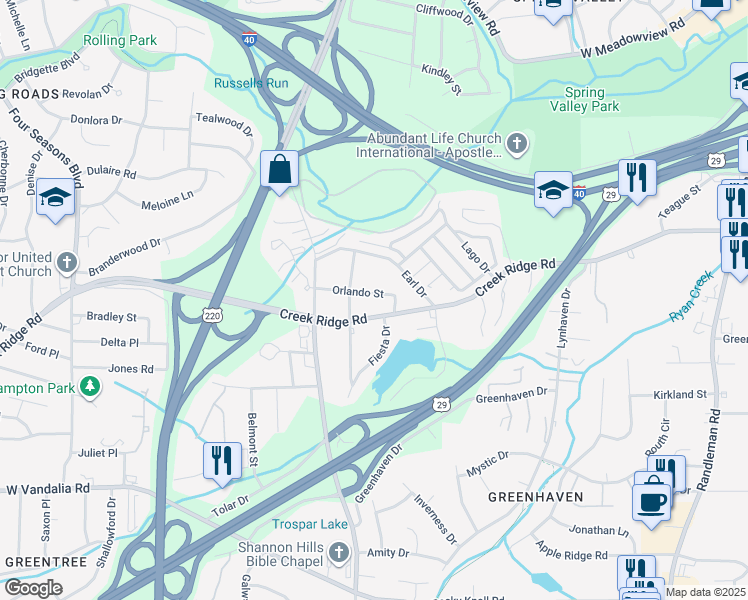 map of restaurants, bars, coffee shops, grocery stores, and more near 1604 Orlando Street in Greensboro