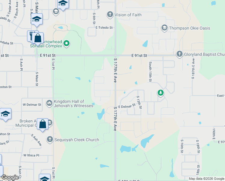 map of restaurants, bars, coffee shops, grocery stores, and more near 2101 South 9th Street in Broken Arrow