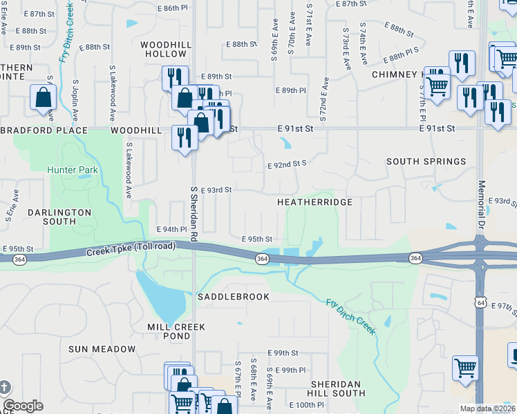 map of restaurants, bars, coffee shops, grocery stores, and more near 2929 South Garnett Road in Tulsa