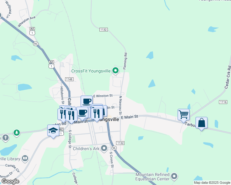 map of restaurants, bars, coffee shops, grocery stores, and more near 209 Winston Street in Youngsville