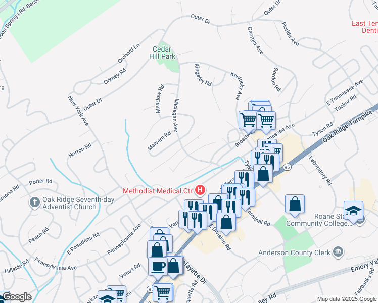 map of restaurants, bars, coffee shops, grocery stores, and more near 101 East Maiden Lane in Oak Ridge