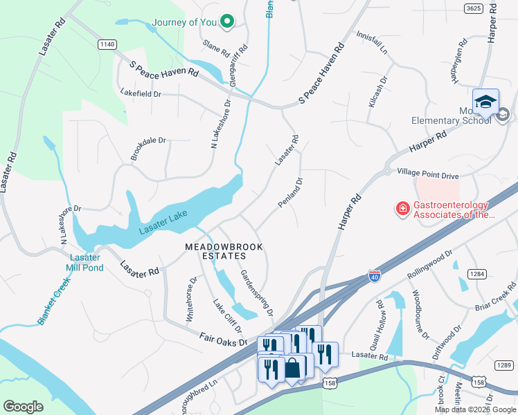 map of restaurants, bars, coffee shops, grocery stores, and more near 7575 Lasater Road in Clemmons