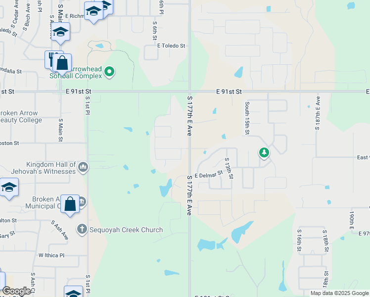 map of restaurants, bars, coffee shops, grocery stores, and more near 2101 South 9th Street in Broken Arrow