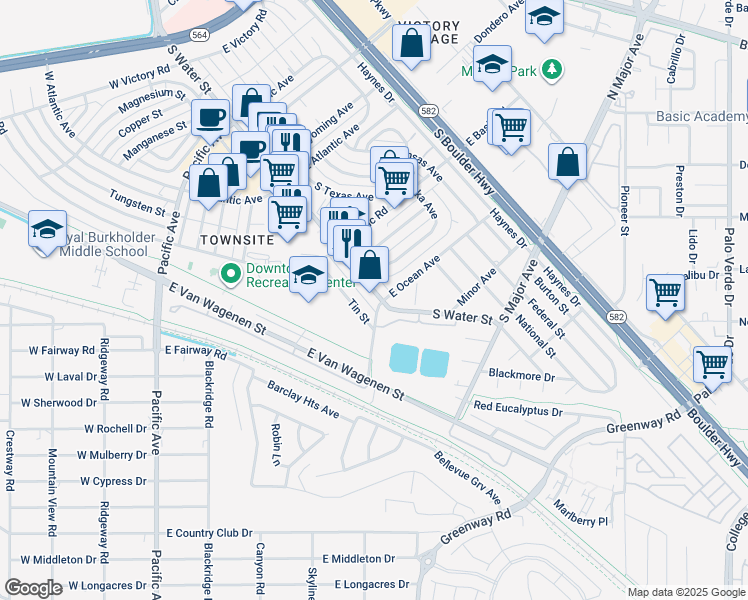 map of restaurants, bars, coffee shops, grocery stores, and more near 342 South Water Street in Henderson