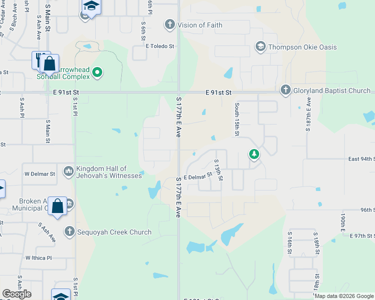 map of restaurants, bars, coffee shops, grocery stores, and more near 2101 South 9th Street in Broken Arrow
