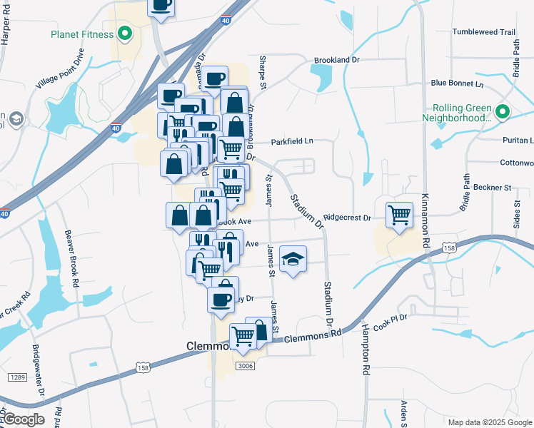 map of restaurants, bars, coffee shops, grocery stores, and more near 6301 Cook Avenue in Clemmons