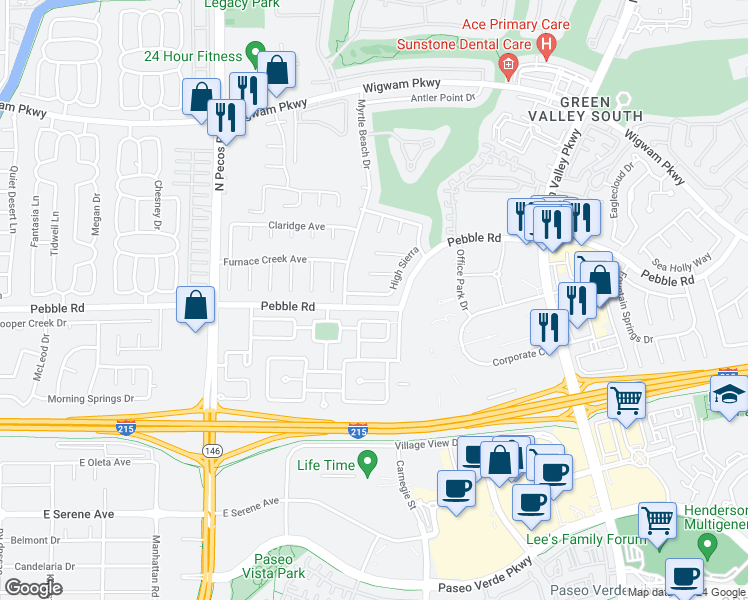 map of restaurants, bars, coffee shops, grocery stores, and more near 2409 Alpine Meadows Avenue in Henderson