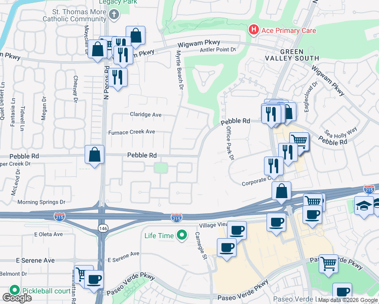 map of restaurants, bars, coffee shops, grocery stores, and more near 2405 Alpine Meadows Avenue in Henderson