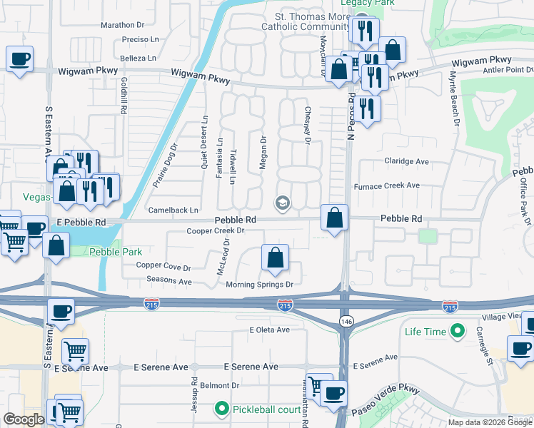 map of restaurants, bars, coffee shops, grocery stores, and more near 14 Megan Drive in Henderson