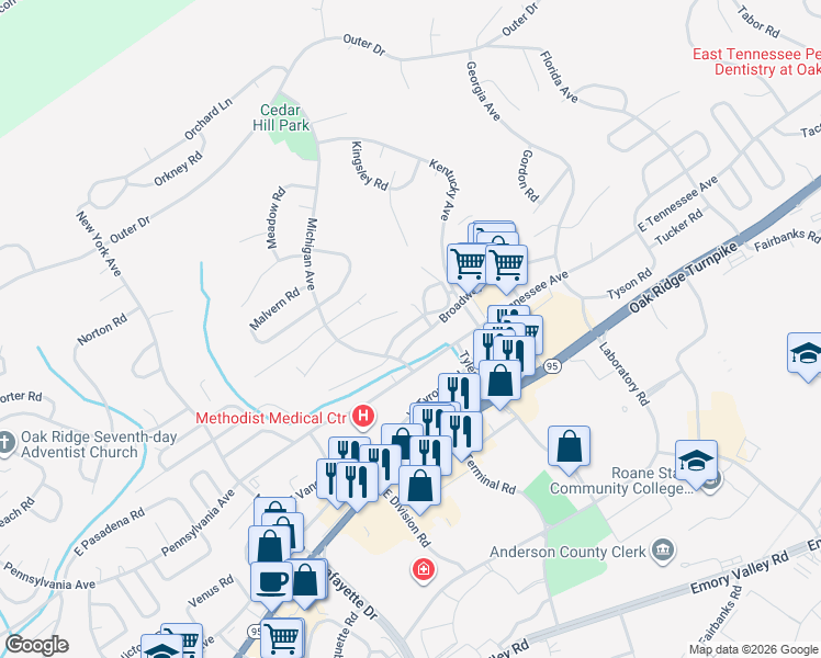 map of restaurants, bars, coffee shops, grocery stores, and more near 144 Broadway Avenue in Oak Ridge