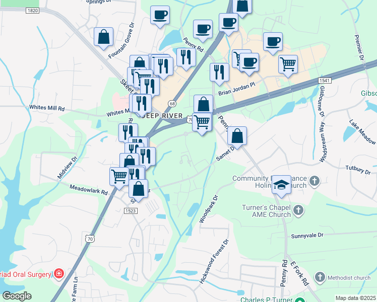 map of restaurants, bars, coffee shops, grocery stores, and more near 3755 Admiral Drive in High Point