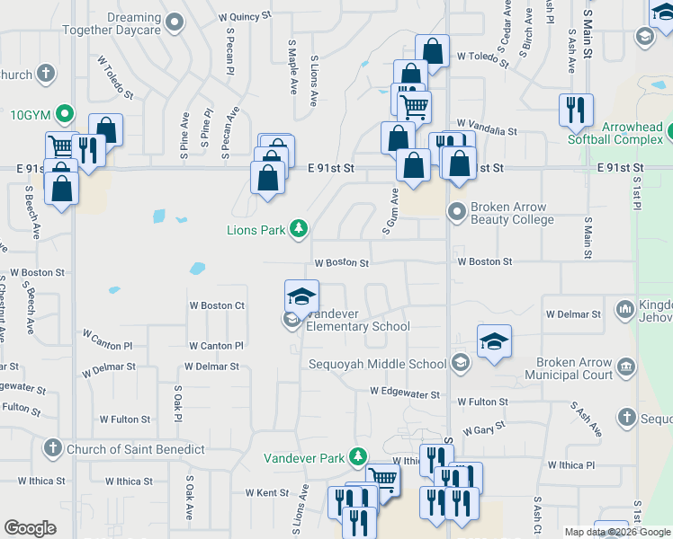 map of restaurants, bars, coffee shops, grocery stores, and more near 936 West Boston Street in Broken Arrow