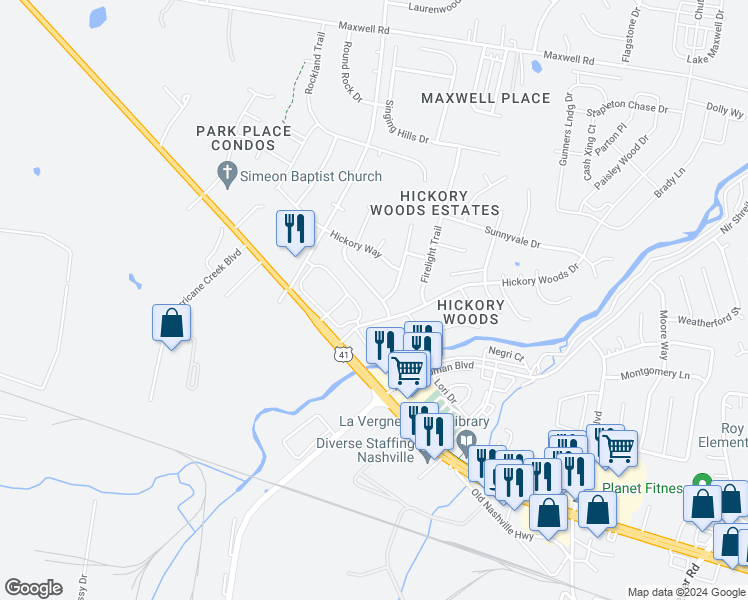 map of restaurants, bars, coffee shops, grocery stores, and more near 4952 Hickory Woods East in Nashville