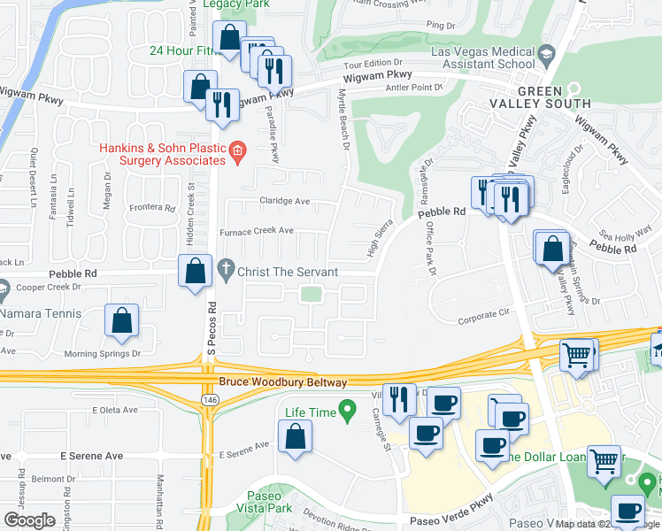 map of restaurants, bars, coffee shops, grocery stores, and more near 2419 Alpine Meadows Avenue in Henderson