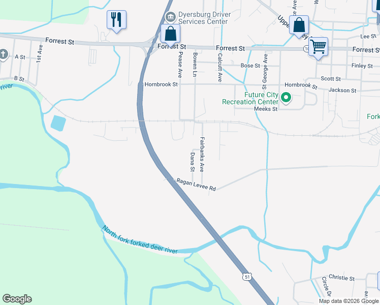 map of restaurants, bars, coffee shops, grocery stores, and more near 1634 Drew Street in Dyersburg