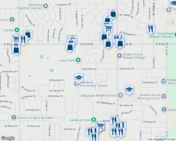 map of restaurants, bars, coffee shops, grocery stores, and more near 936 West Boston Street in Broken Arrow