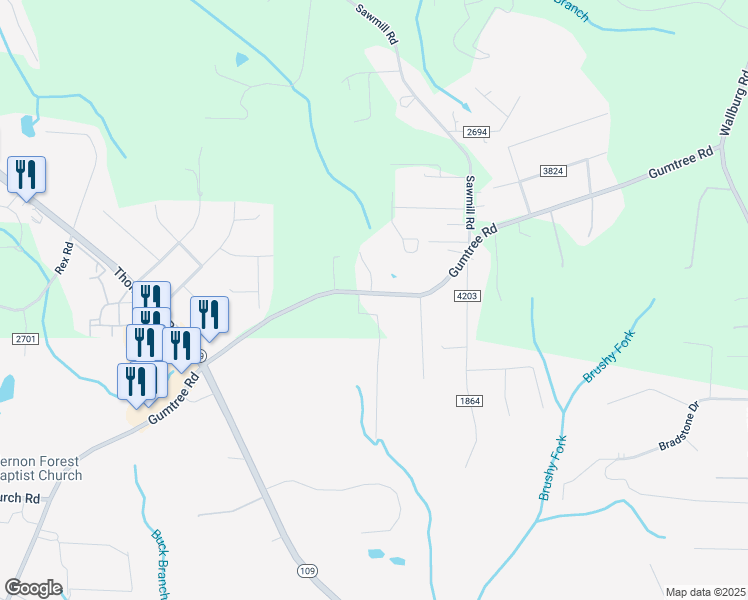map of restaurants, bars, coffee shops, grocery stores, and more near 5714 Gumtree Road in Winston-Salem