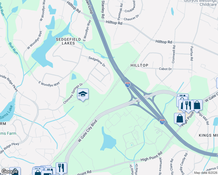 map of restaurants, bars, coffee shops, grocery stores, and more near 25 Pilot Ridge Court in Greensboro