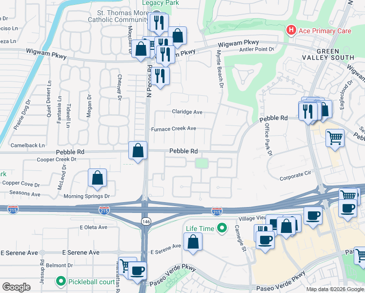 map of restaurants, bars, coffee shops, grocery stores, and more near 1 Red Fawn Court in Henderson