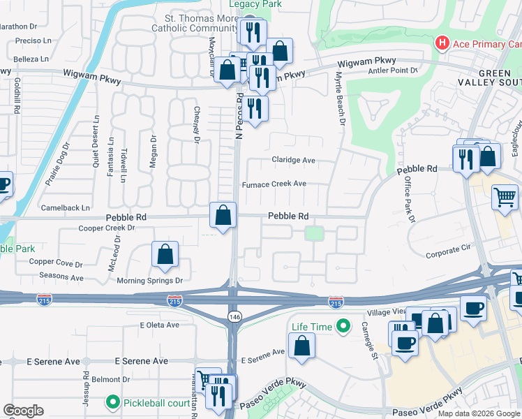map of restaurants, bars, coffee shops, grocery stores, and more near 1 Rising Sun Court in Henderson