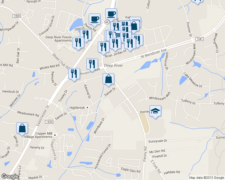 map of restaurants, bars, coffee shops, grocery stores, and more near Samet Dr in High Point