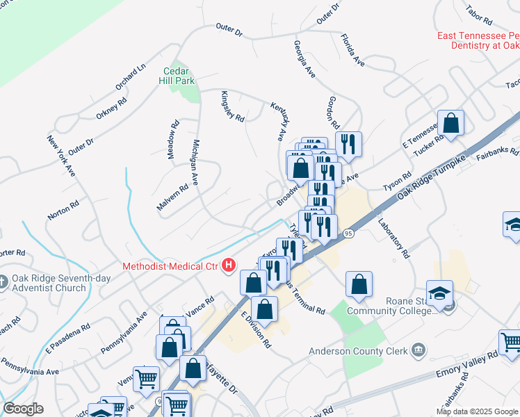 map of restaurants, bars, coffee shops, grocery stores, and more near 110 Broadway Avenue in Oak Ridge