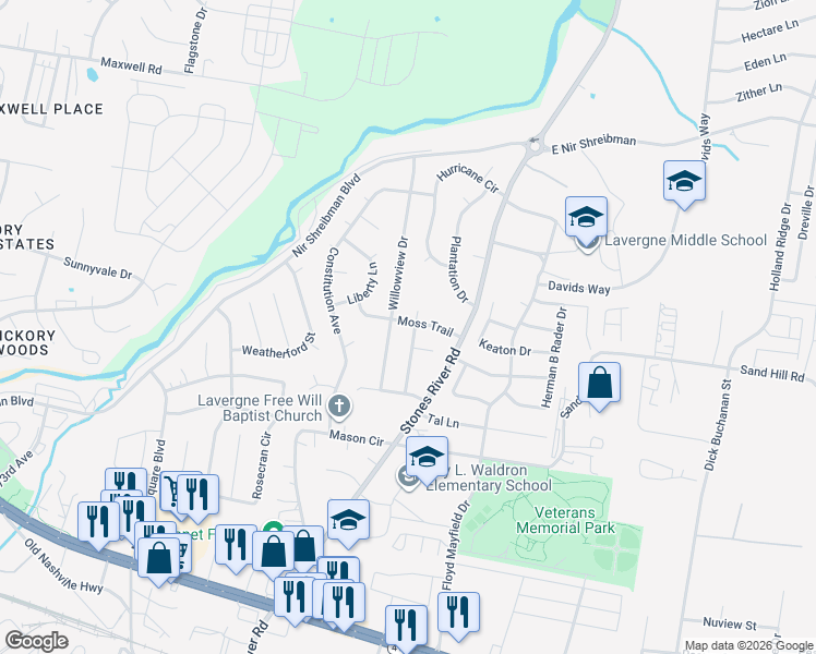 map of restaurants, bars, coffee shops, grocery stores, and more near 700 Willowview Drive in La Vergne