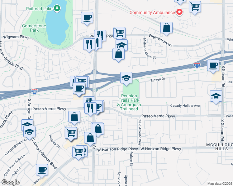 map of restaurants, bars, coffee shops, grocery stores, and more near 23 Hudson Canyon Street in Henderson