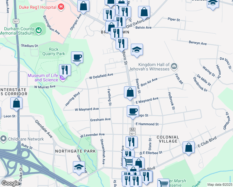 map of restaurants, bars, coffee shops, grocery stores, and more near 109 East Edgewood Drive in Durham
