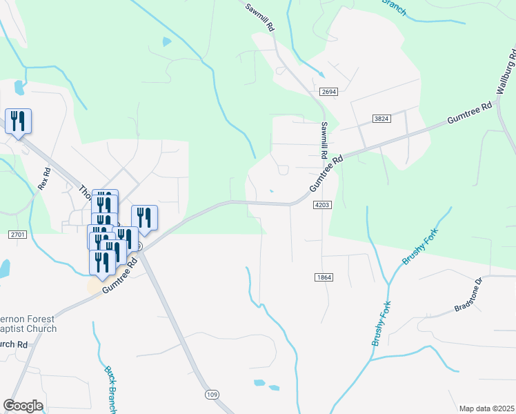 map of restaurants, bars, coffee shops, grocery stores, and more near 5714 Gumtree Road in Winston-Salem