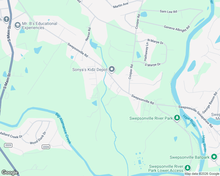 map of restaurants, bars, coffee shops, grocery stores, and more near 2211 Swepsonville Road in Graham