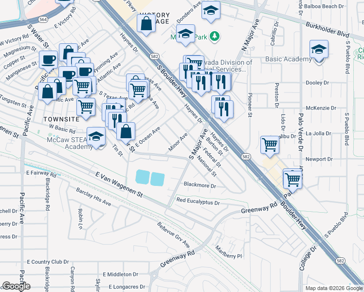 map of restaurants, bars, coffee shops, grocery stores, and more near 455 National Street in Henderson