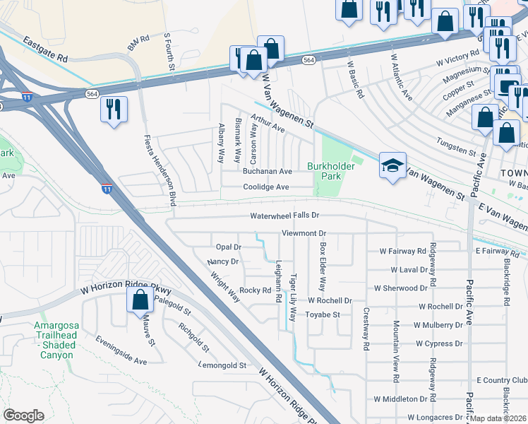 map of restaurants, bars, coffee shops, grocery stores, and more near 424 Waterwheel Falls Drive in Henderson