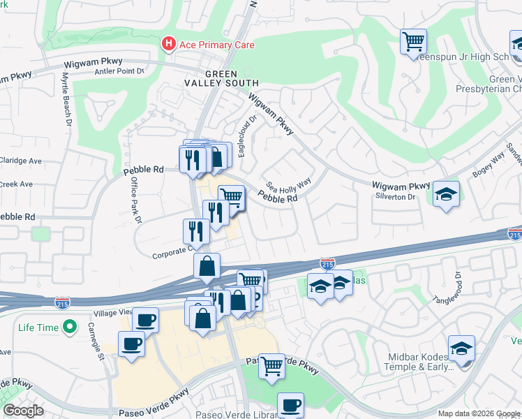 map of restaurants, bars, coffee shops, grocery stores, and more near 2114 Club Meadows Drive in Henderson
