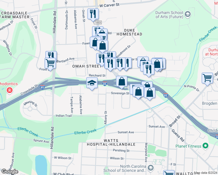 map of restaurants, bars, coffee shops, grocery stores, and more near 2134 Sovereign Street in Durham
