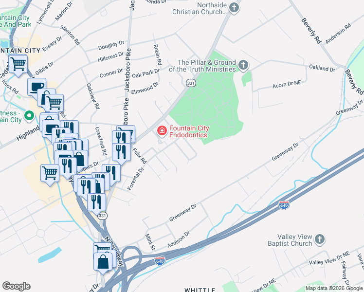 map of restaurants, bars, coffee shops, grocery stores, and more near 4736 Rochat Drive in Knoxville