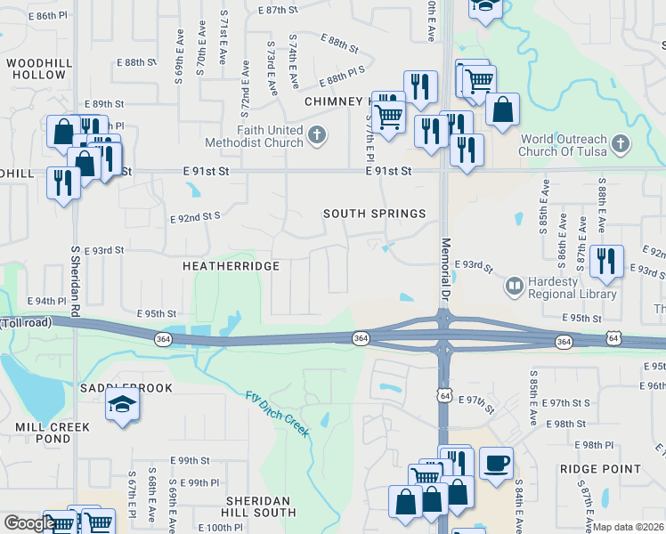 map of restaurants, bars, coffee shops, grocery stores, and more near 9334 South 75th East Avenue in Tulsa
