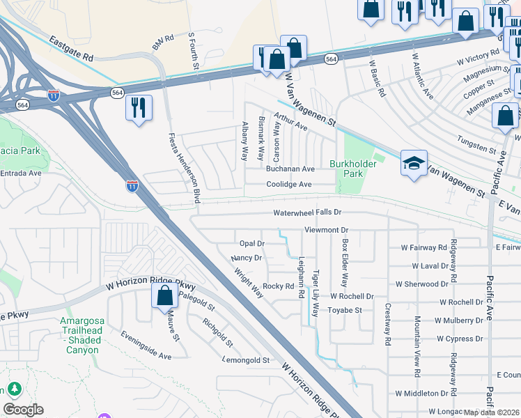 map of restaurants, bars, coffee shops, grocery stores, and more near 452 Waterwheel Falls Drive in Henderson