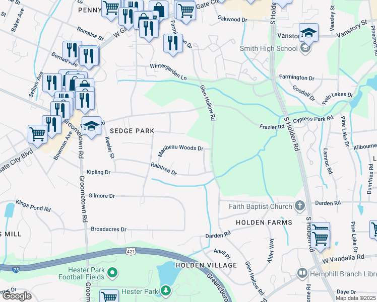 map of restaurants, bars, coffee shops, grocery stores, and more near 3814 Maribeau Woods Drive in Greensboro