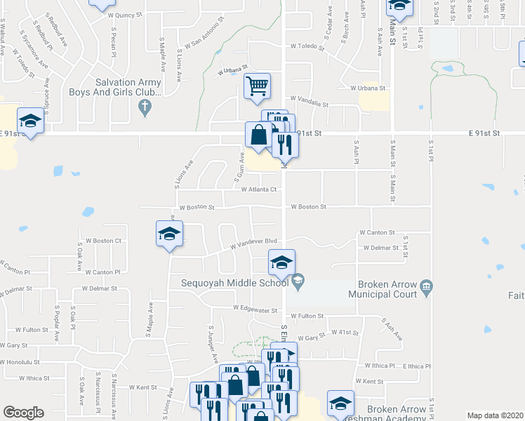 map of restaurants, bars, coffee shops, grocery stores, and more near 721 West Boston Street in Broken Arrow